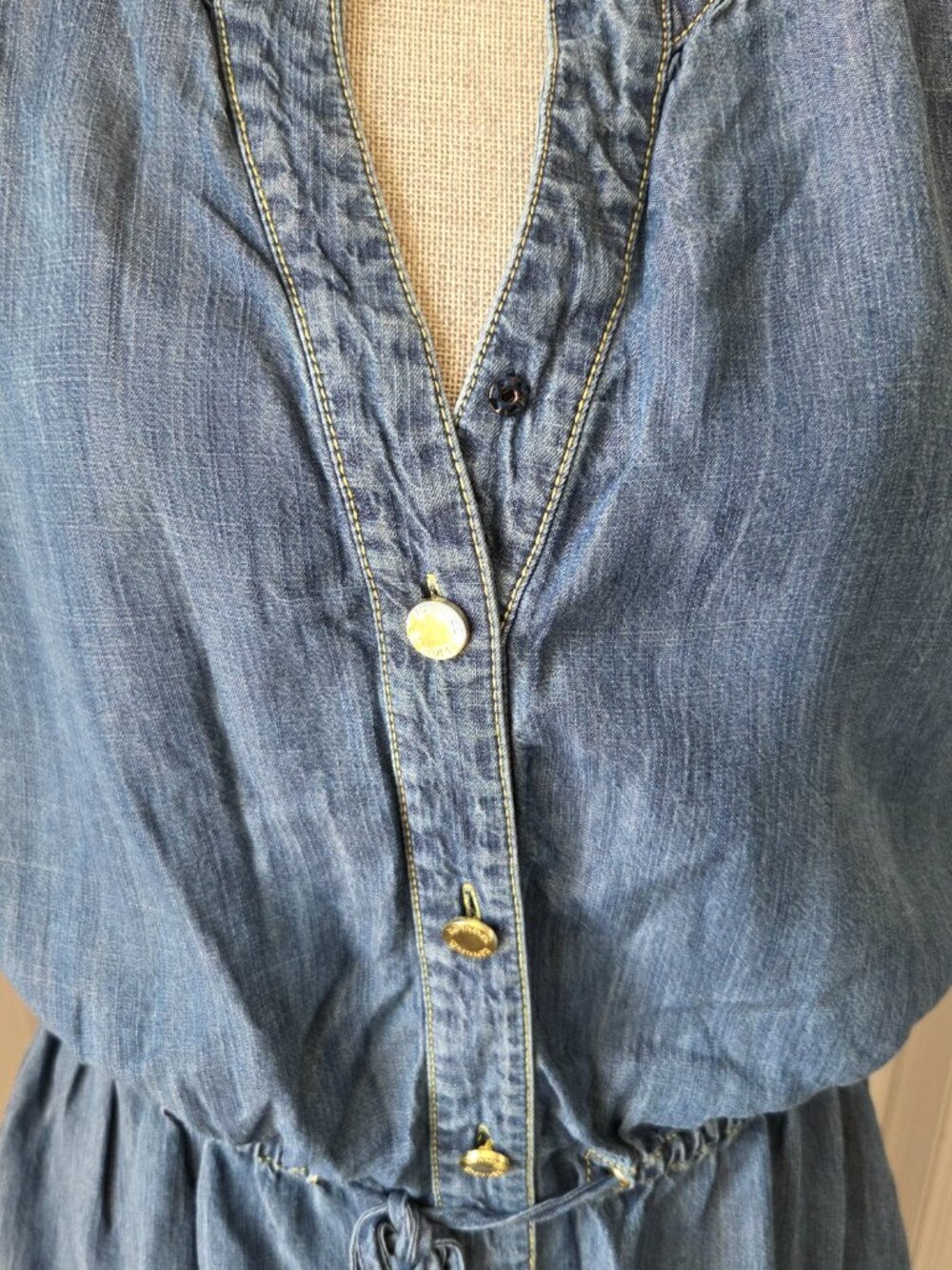 Spanner chambray dress elastic waist cap sleeves button down size 14 - Picture 2 of 7